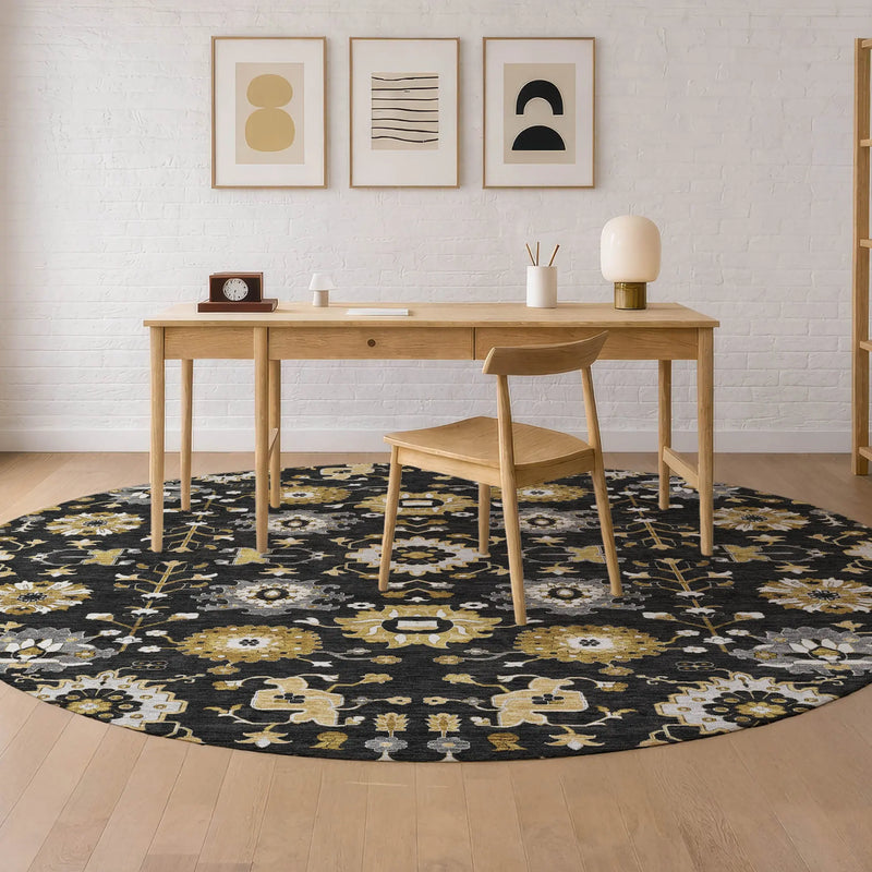 8' Black And Graphite Round Geometric Washable Indoor Outdoor Area Rug Homeroots Outdoor