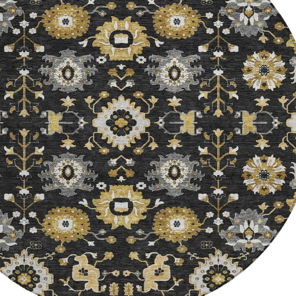 8' Black And Graphite Round Geometric Washable Indoor Outdoor Area Rug Homeroots Outdoor