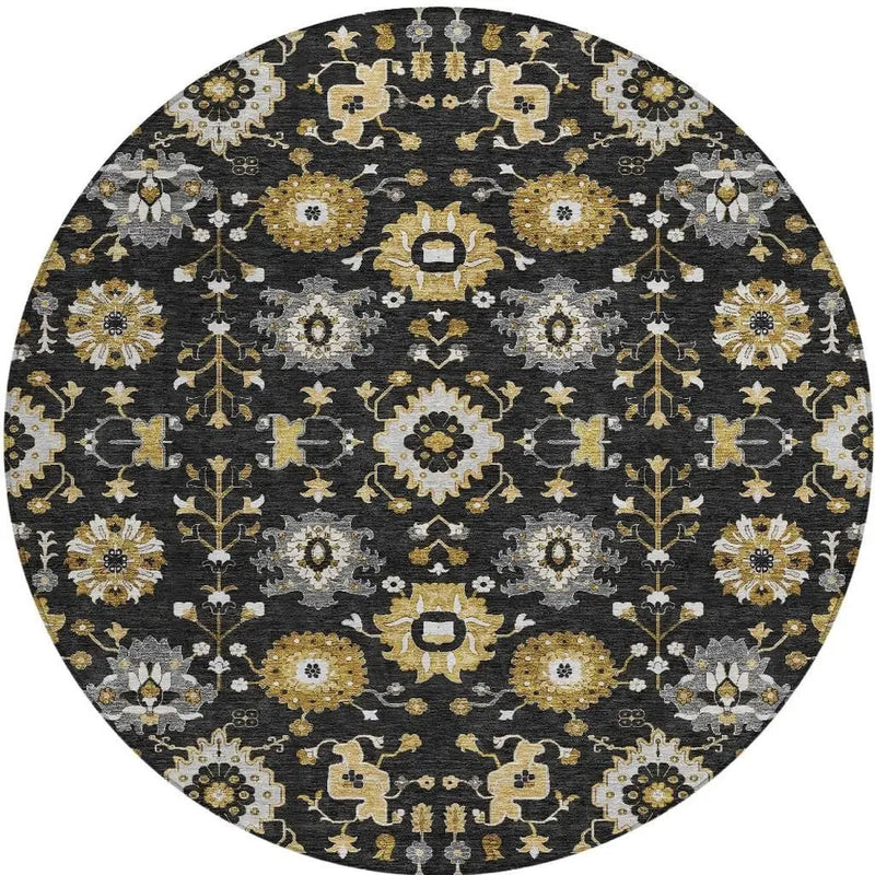 8' Black And Graphite Round Geometric Washable Indoor Outdoor Area Rug Homeroots Outdoor