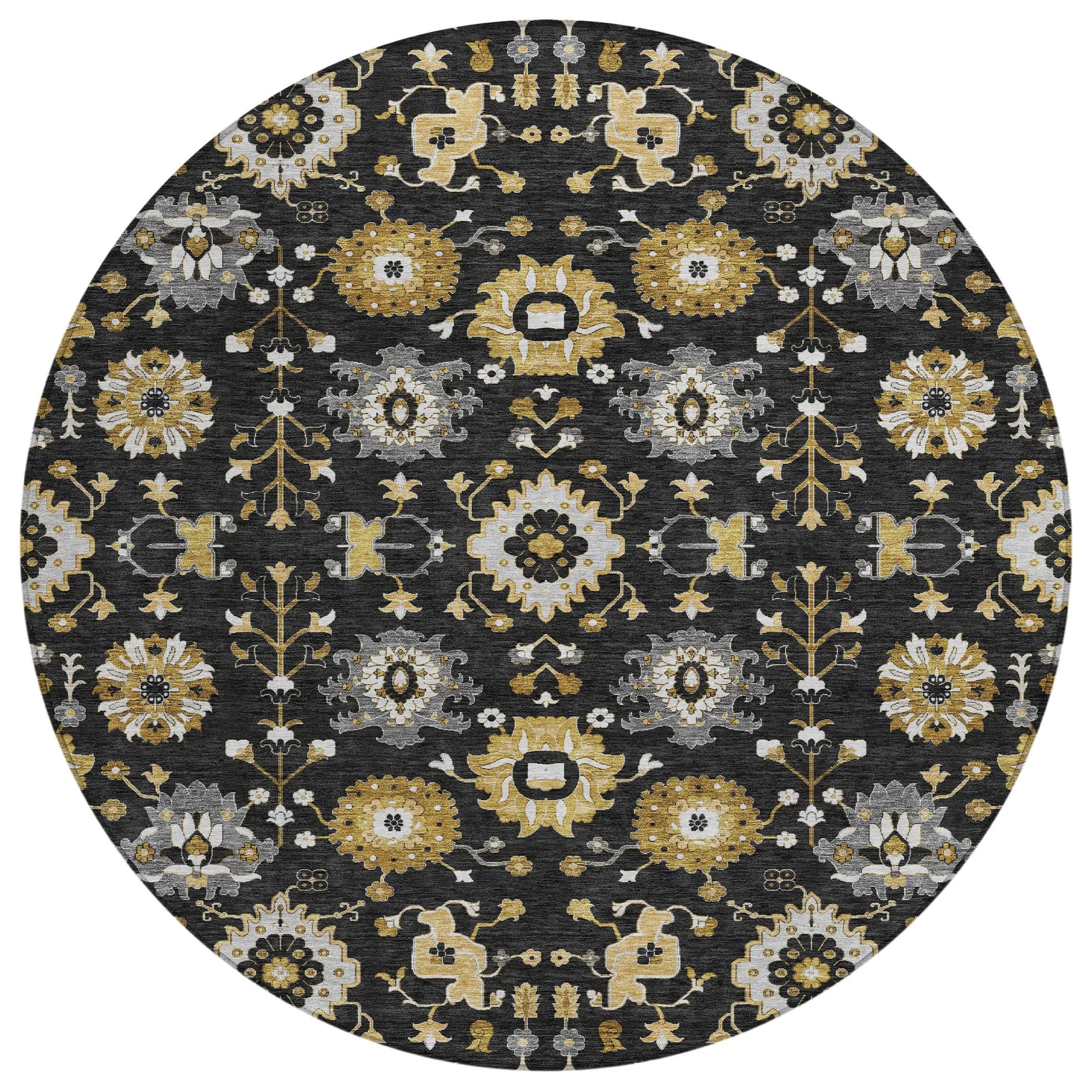 8' Black And Graphite Round Geometric Washable Indoor Outdoor Area Rug Homeroots Outdoor