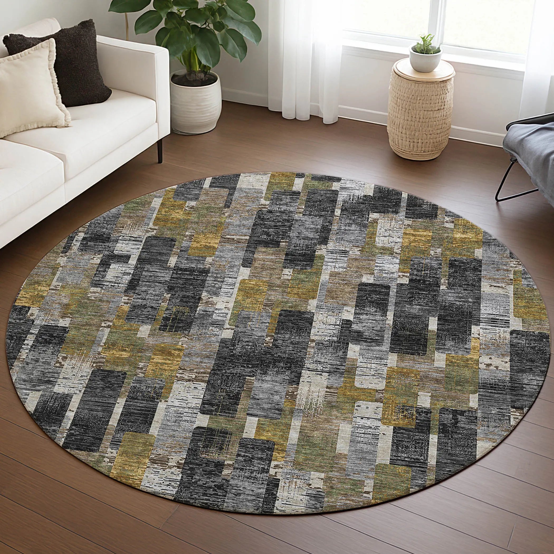 8' Black And Graphite Round Geometric Washable Indoor Outdoor Area Rug Homeroots Outdoor