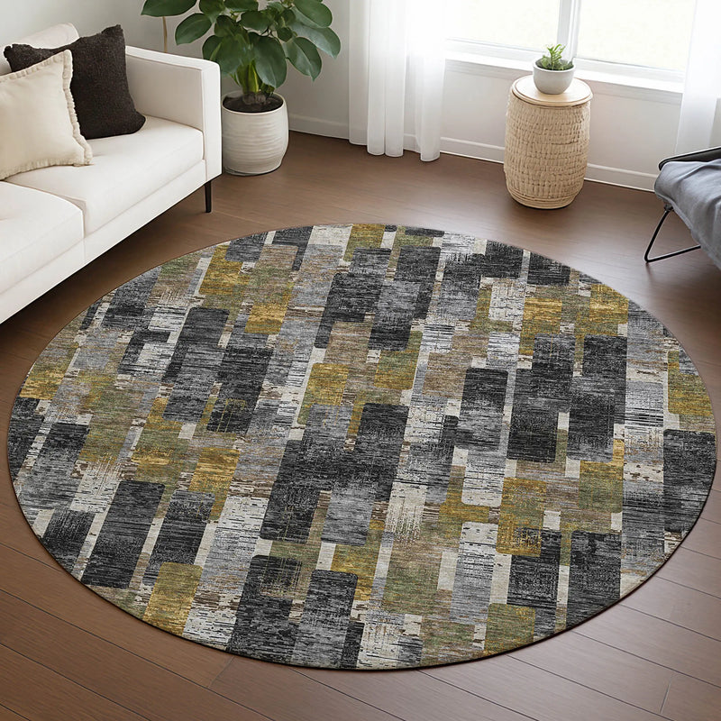 8' Black And Graphite Round Geometric Washable Indoor Outdoor Area Rug Homeroots Outdoor