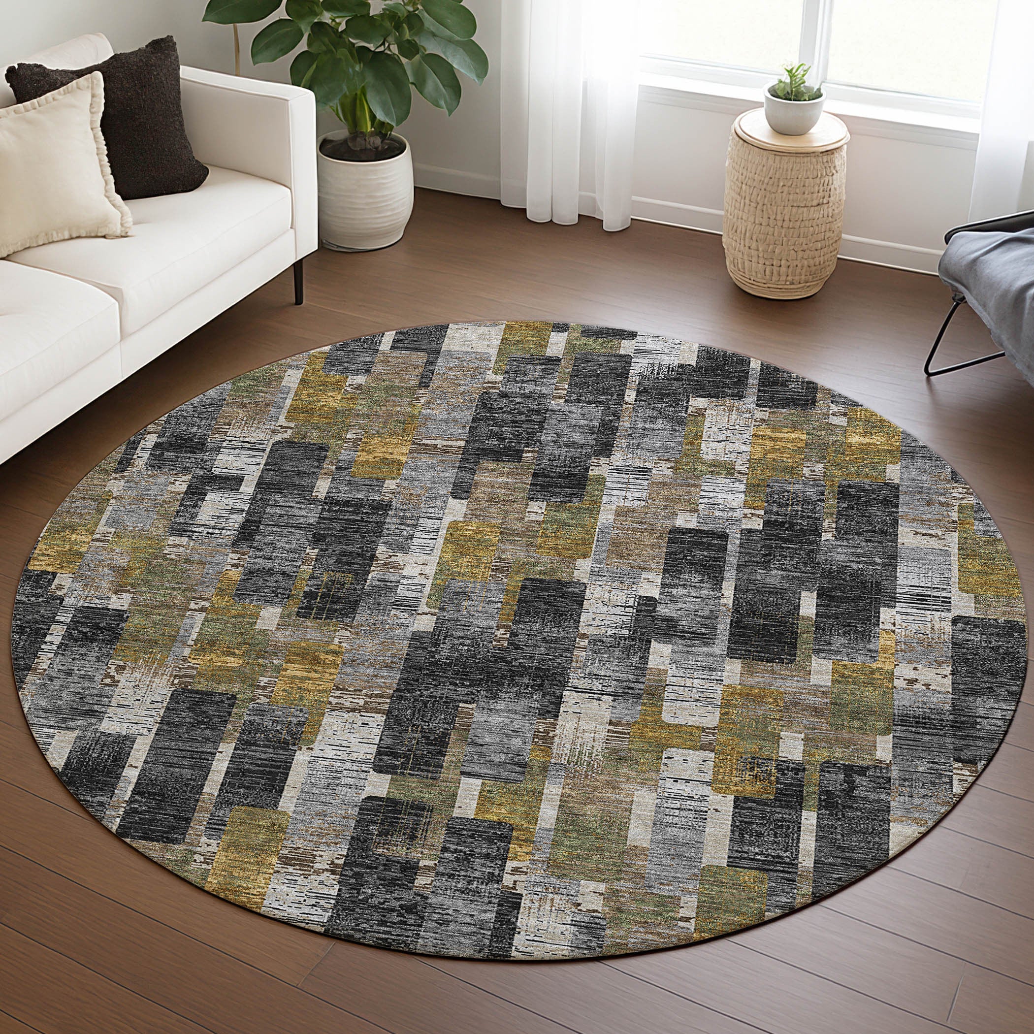 8' Black And Graphite Round Geometric Washable Indoor Outdoor Area Rug Homeroots Outdoor