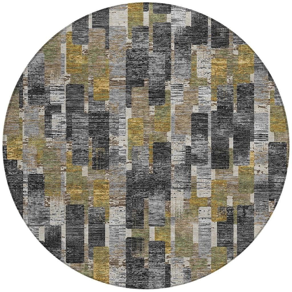8' Black And Graphite Round Geometric Washable Indoor Outdoor Area Rug Homeroots Outdoor