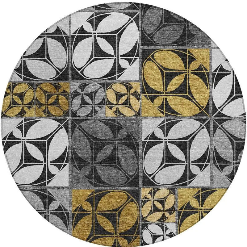 8' Black And Graphite Round Geometric Washable Indoor Outdoor Area Rug Homeroots Outdoor