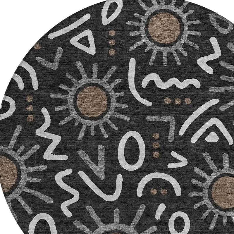 8' Black And Graphite Round Geometric Washable Indoor Outdoor Area Rug Homeroots Outdoor