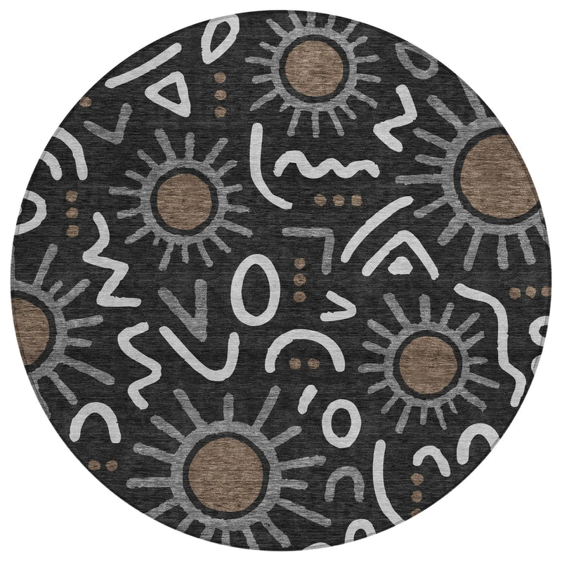 8' Black And Graphite Round Geometric Washable Indoor Outdoor Area Rug Homeroots Outdoor