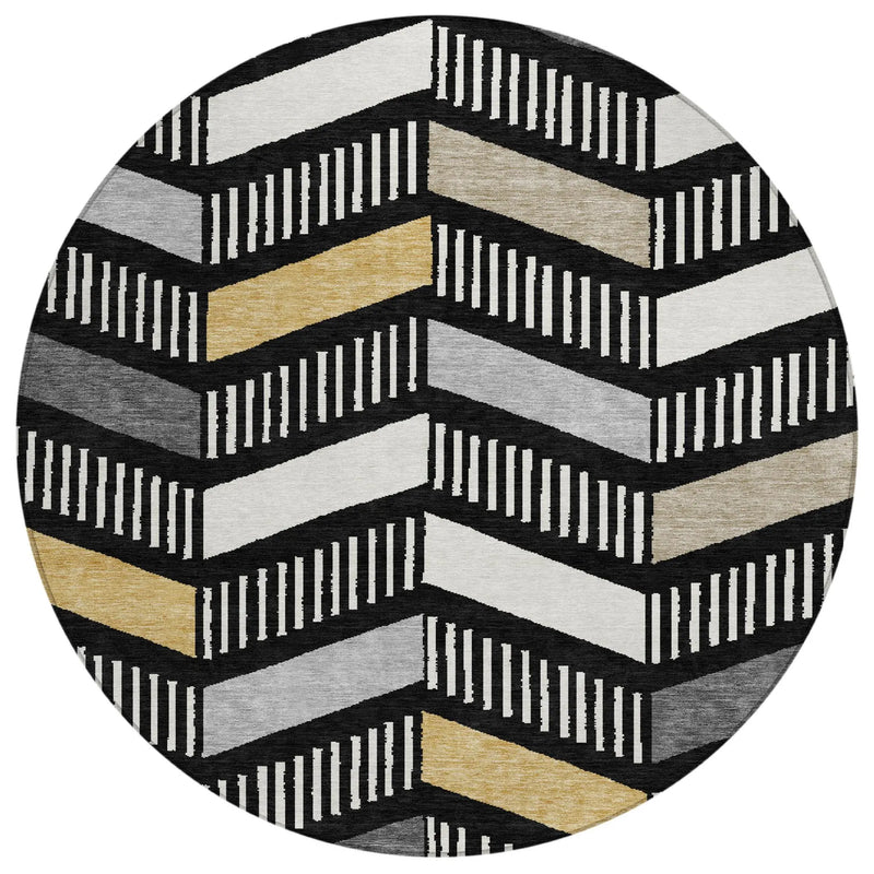 8' Black And Graphite Round Geometric Washable Indoor Outdoor Area Rug Homeroots Outdoor