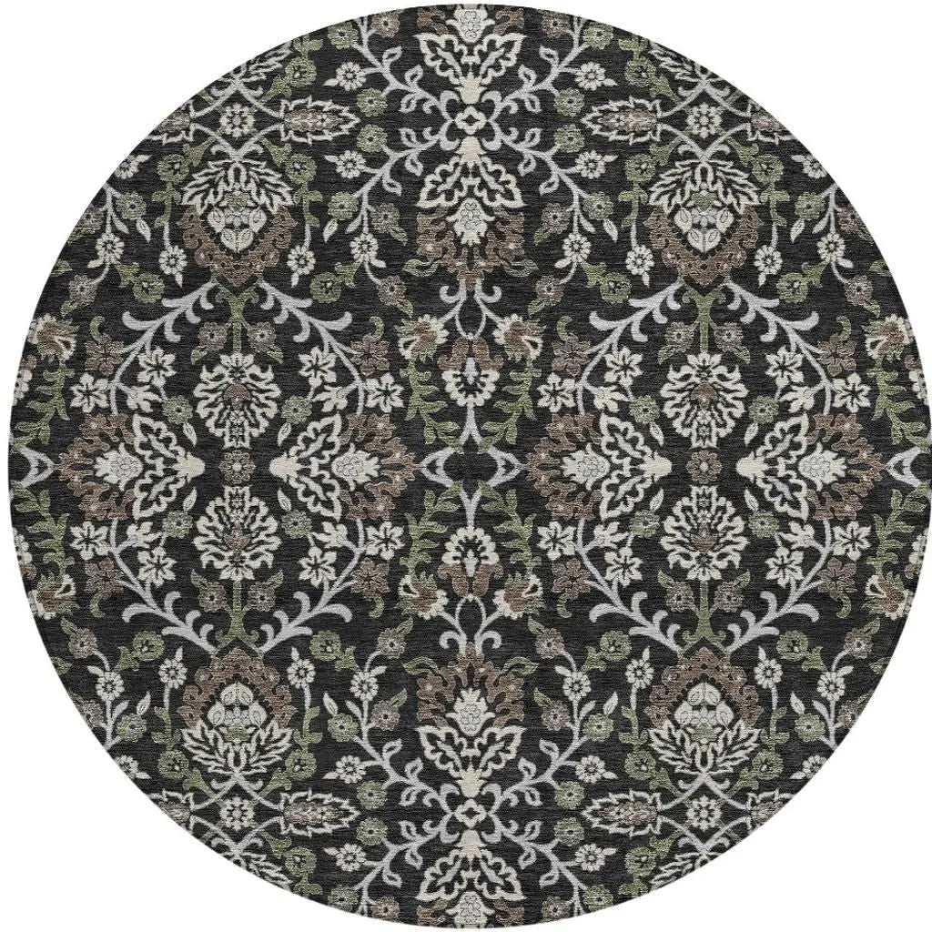 8' Black And Graphite Round Geometric Washable Indoor Outdoor Area Rug Homeroots Outdoor