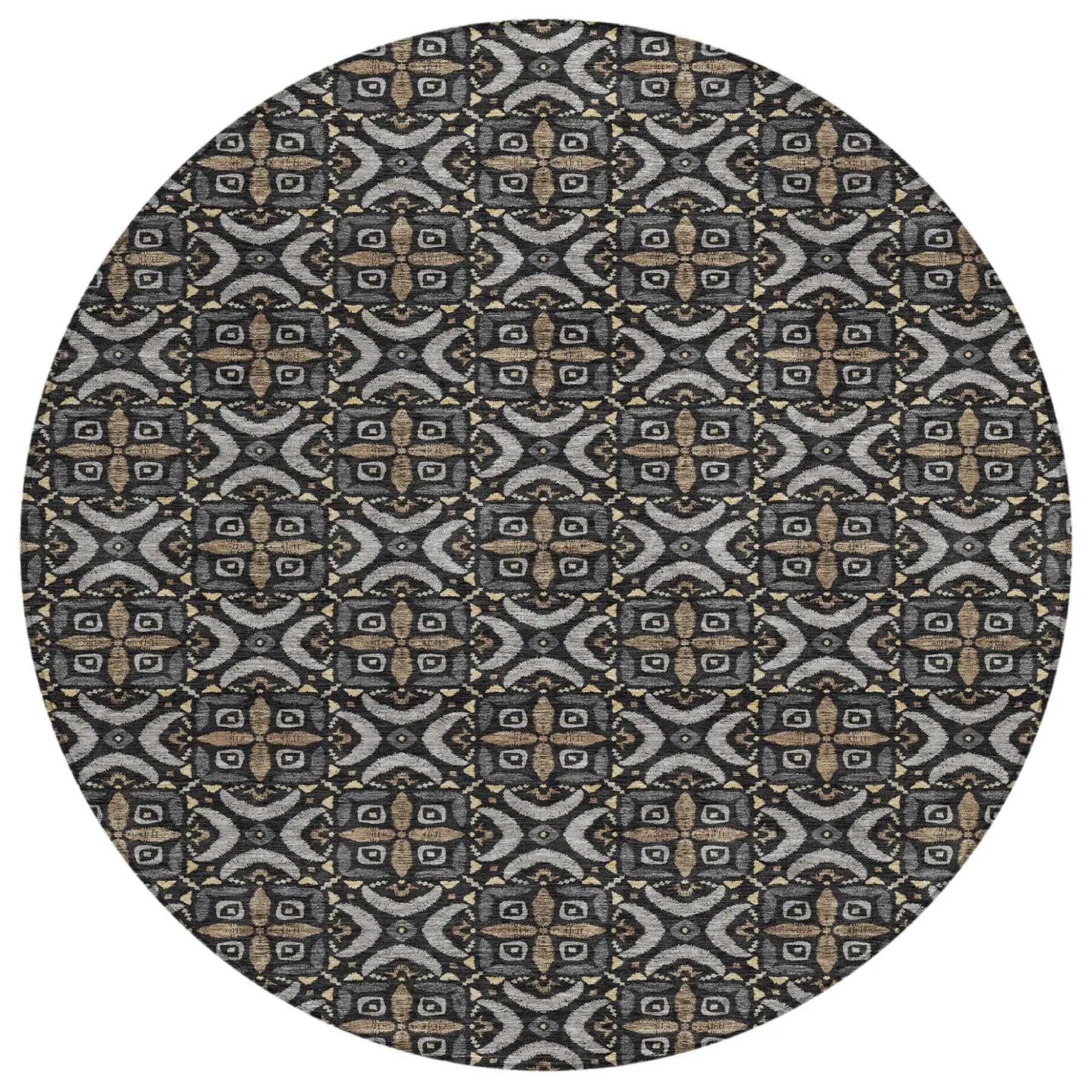8' Black And Graphite Round Geometric Washable Indoor Outdoor Area Rug Homeroots Outdoor