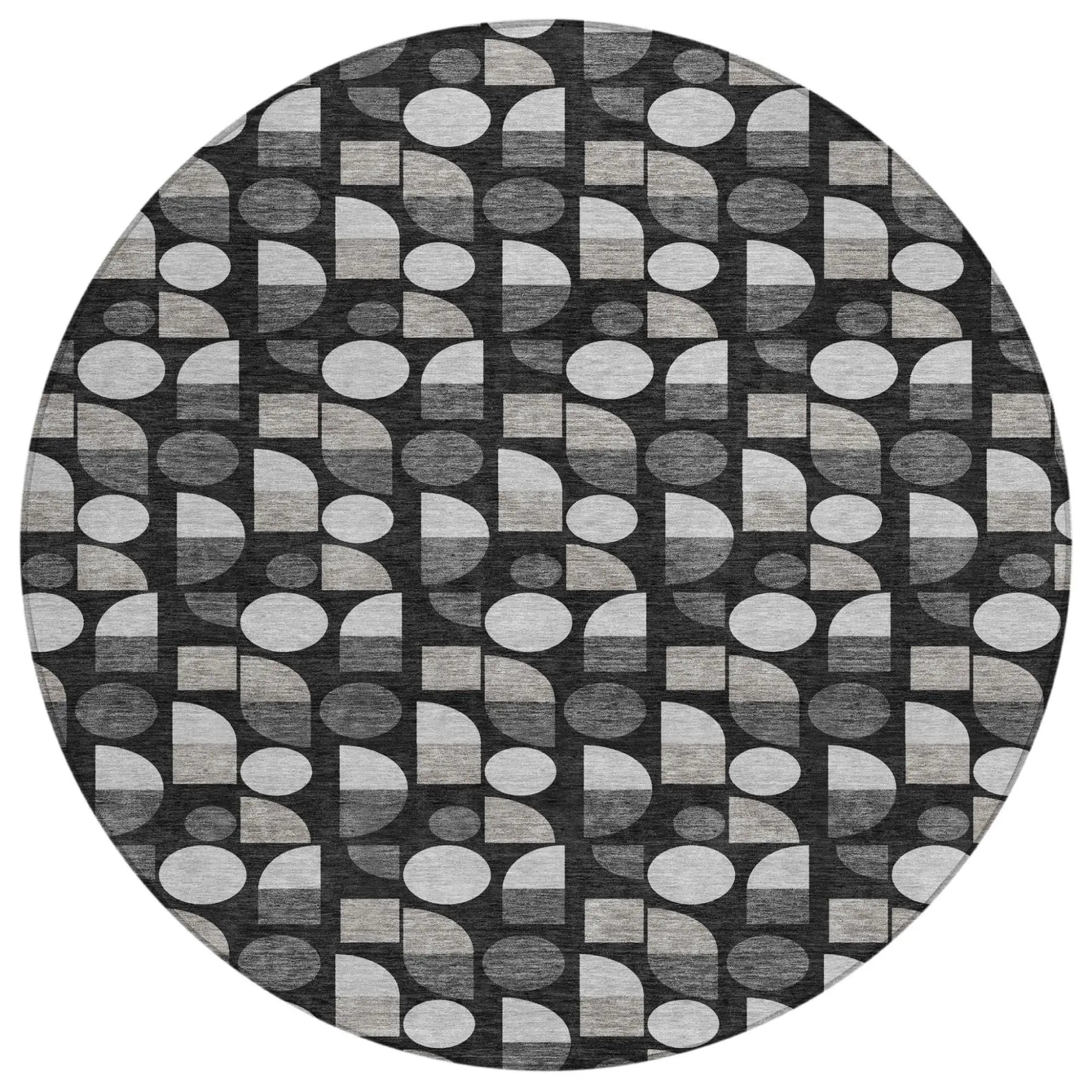 8' Black And Graphite Round Geometric Washable Indoor Outdoor Area Rug Homeroots Outdoor