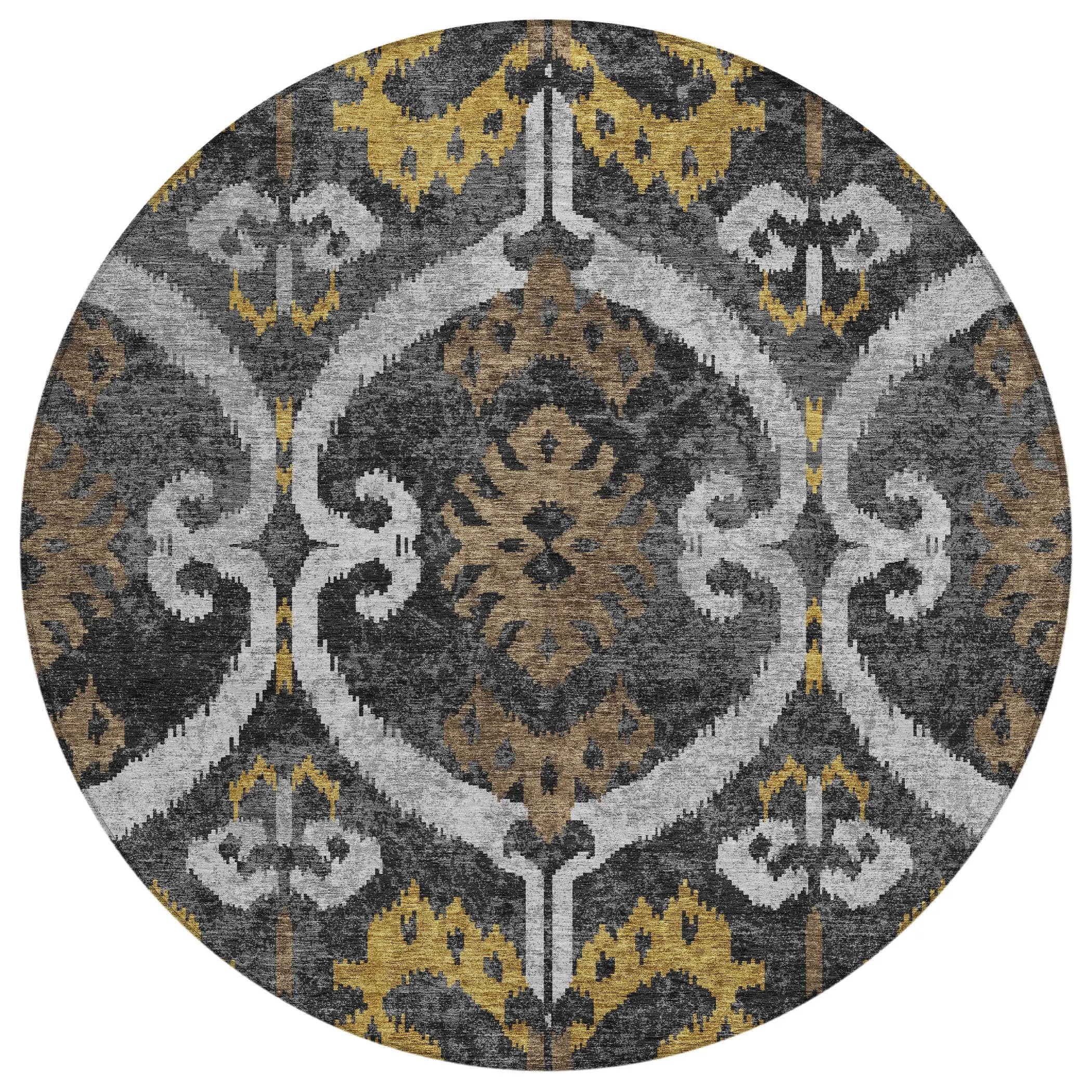 8' Black And Graphite Round Ikat Washable Indoor Outdoor Area Rug Homeroots Outdoor
