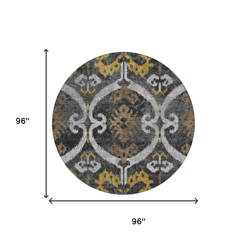 8' Black And Graphite Round Ikat Washable Indoor Outdoor Area Rug Homeroots Outdoor
