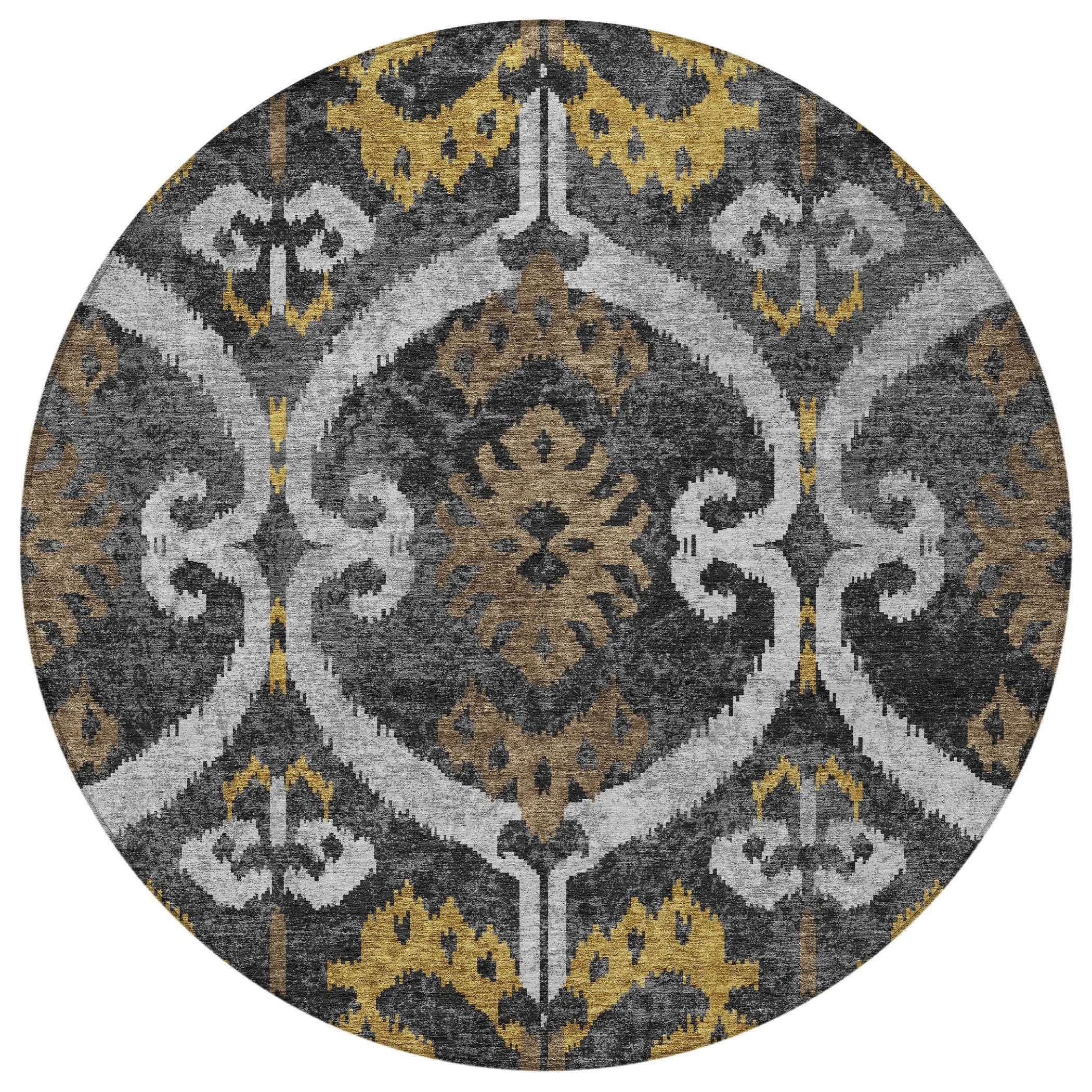 8' Black And Graphite Round Ikat Washable Indoor Outdoor Area Rug Homeroots Outdoor