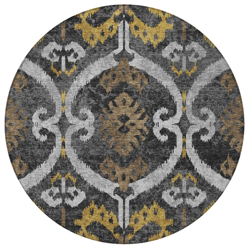 8' Black And Graphite Round Ikat Washable Indoor Outdoor Area Rug Homeroots Outdoor