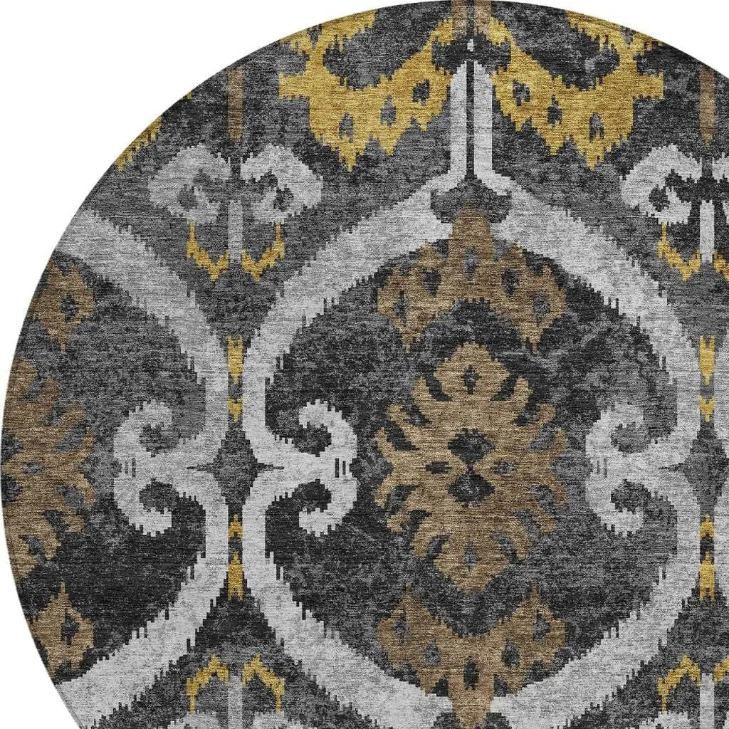 8' Black And Graphite Round Ikat Washable Indoor Outdoor Area Rug Homeroots Outdoor