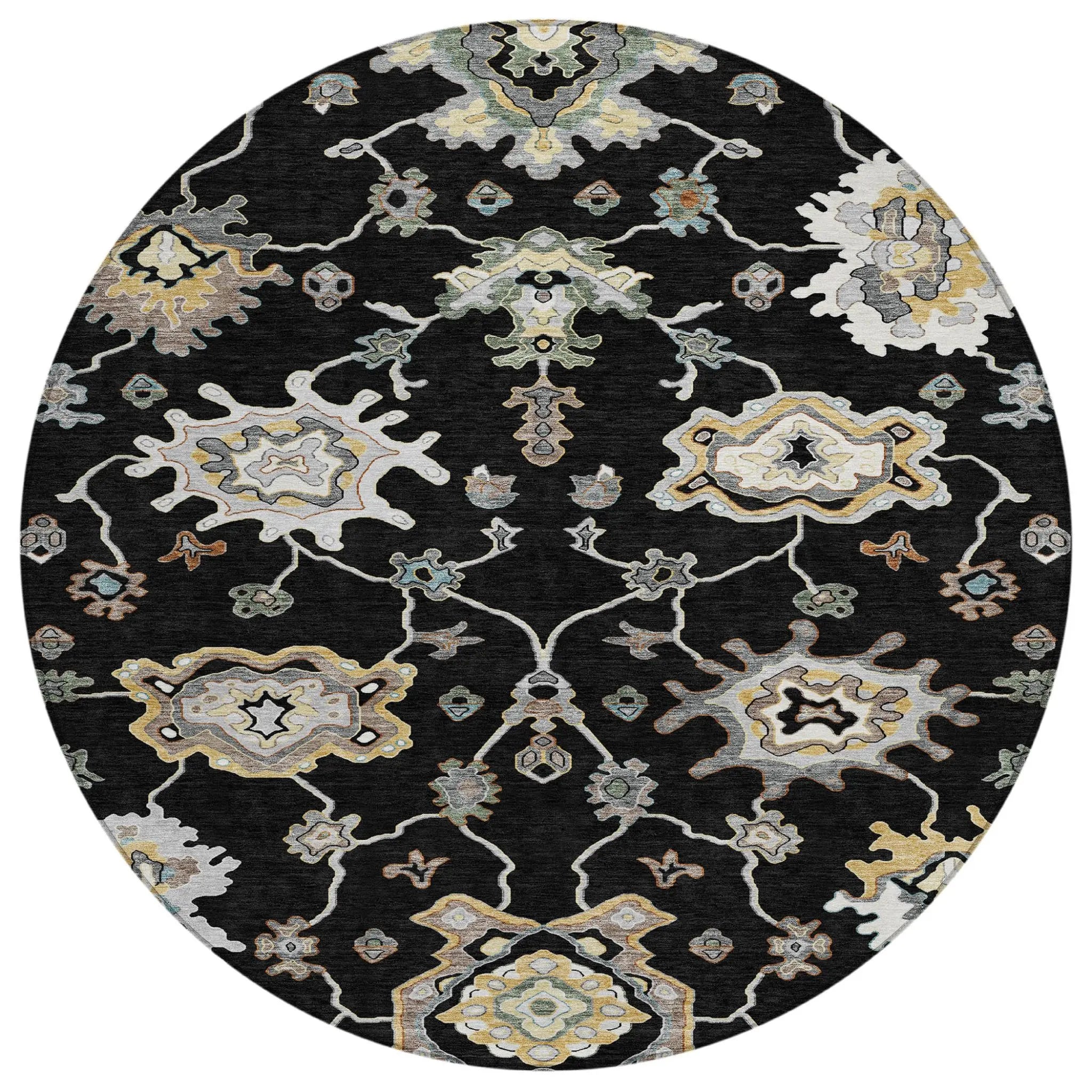 8' Black And Graphite Round Oriental Washable Indoor Outdoor Area Rug Homeroots Outdoor