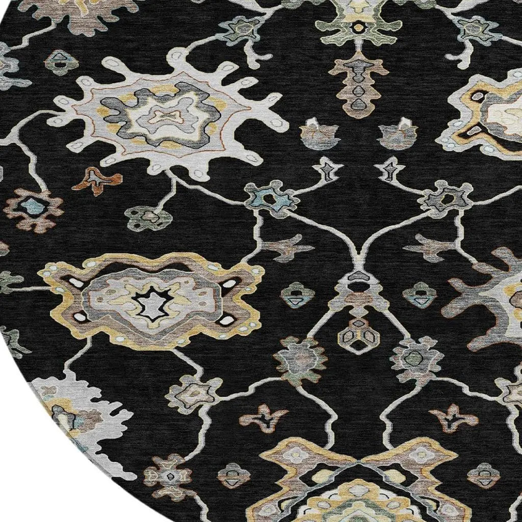 8' Black And Graphite Round Oriental Washable Indoor Outdoor Area Rug Homeroots Outdoor