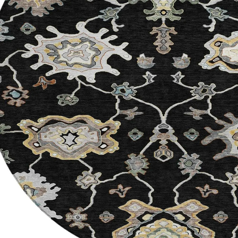 8' Black And Graphite Round Oriental Washable Indoor Outdoor Area Rug Homeroots Outdoor