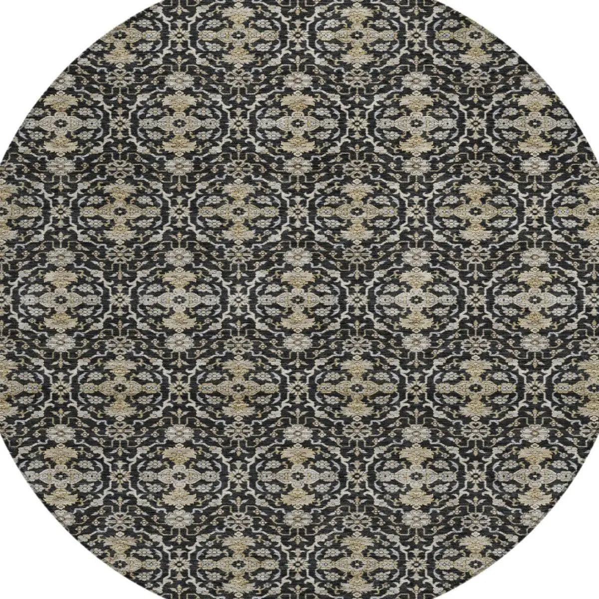 8' Black And Graphite Round Oriental Washable Indoor Outdoor Area Rug Homeroots Outdoor