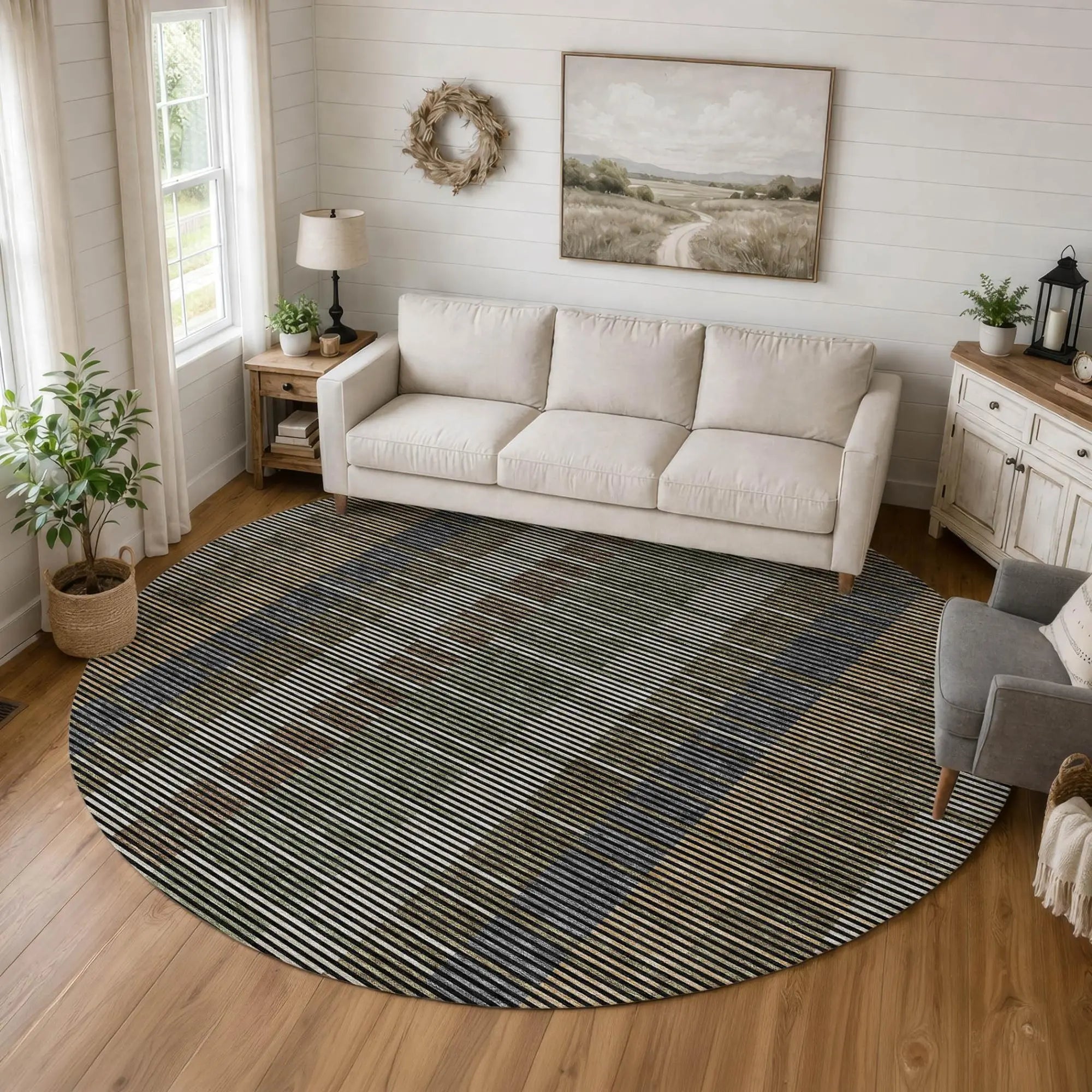 8' Black And Graphite Round Striped Washable Indoor Outdoor Area Rug Homeroots Outdoor
