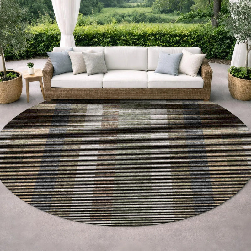 8' Black And Graphite Round Striped Washable Indoor Outdoor Area Rug Homeroots Outdoor