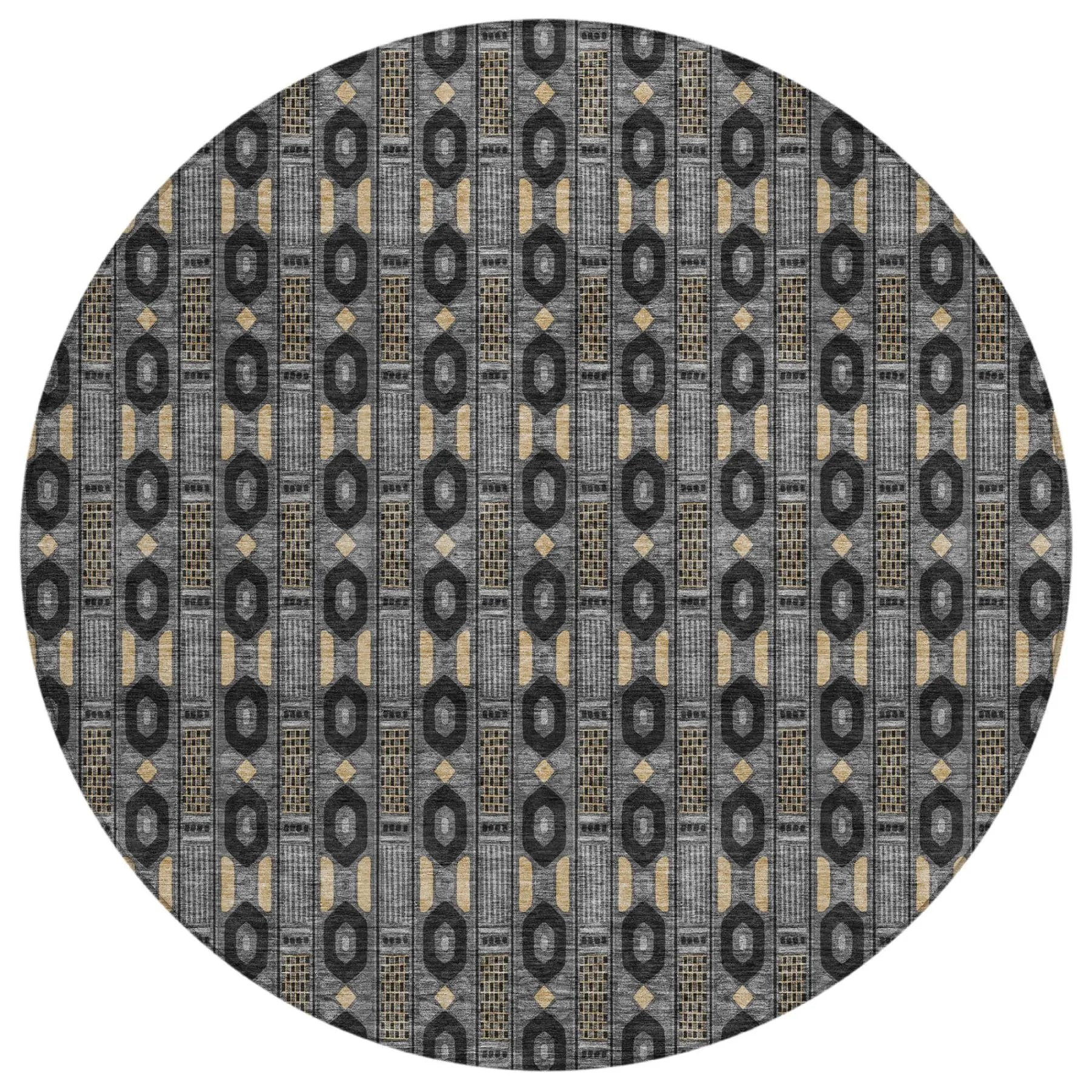 8' Black And Graphite Round Striped Washable Indoor Outdoor Area Rug Homeroots Outdoor