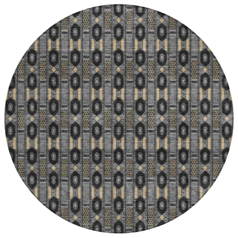 8' Black And Graphite Round Striped Washable Indoor Outdoor Area Rug Homeroots Outdoor