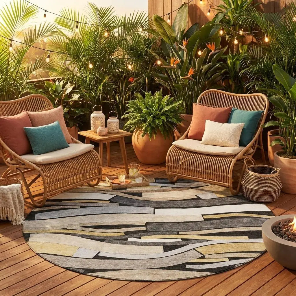 8' Black And Graphite Round Striped Washable Indoor Outdoor Area Rug Homeroots Outdoor