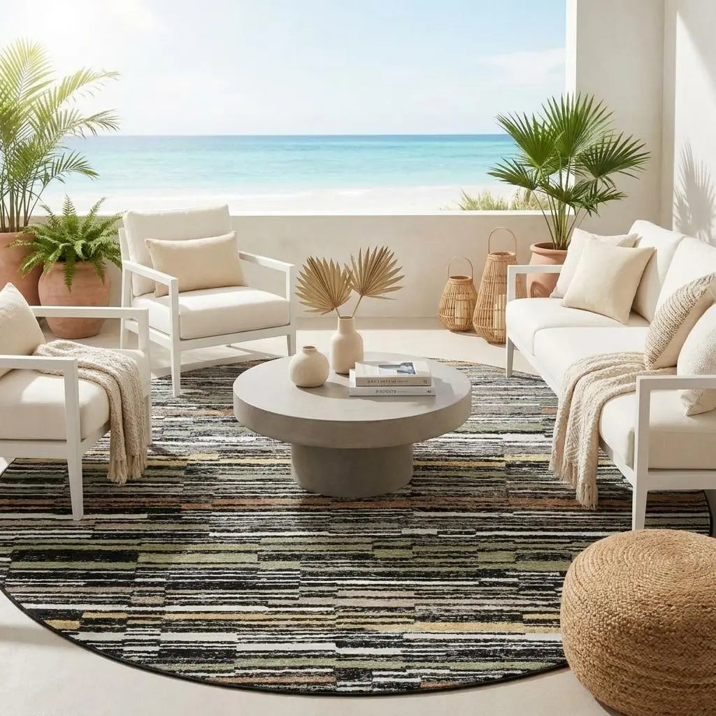 8' Black And Graphite Round Striped Washable Indoor Outdoor Area Rug Homeroots Outdoor