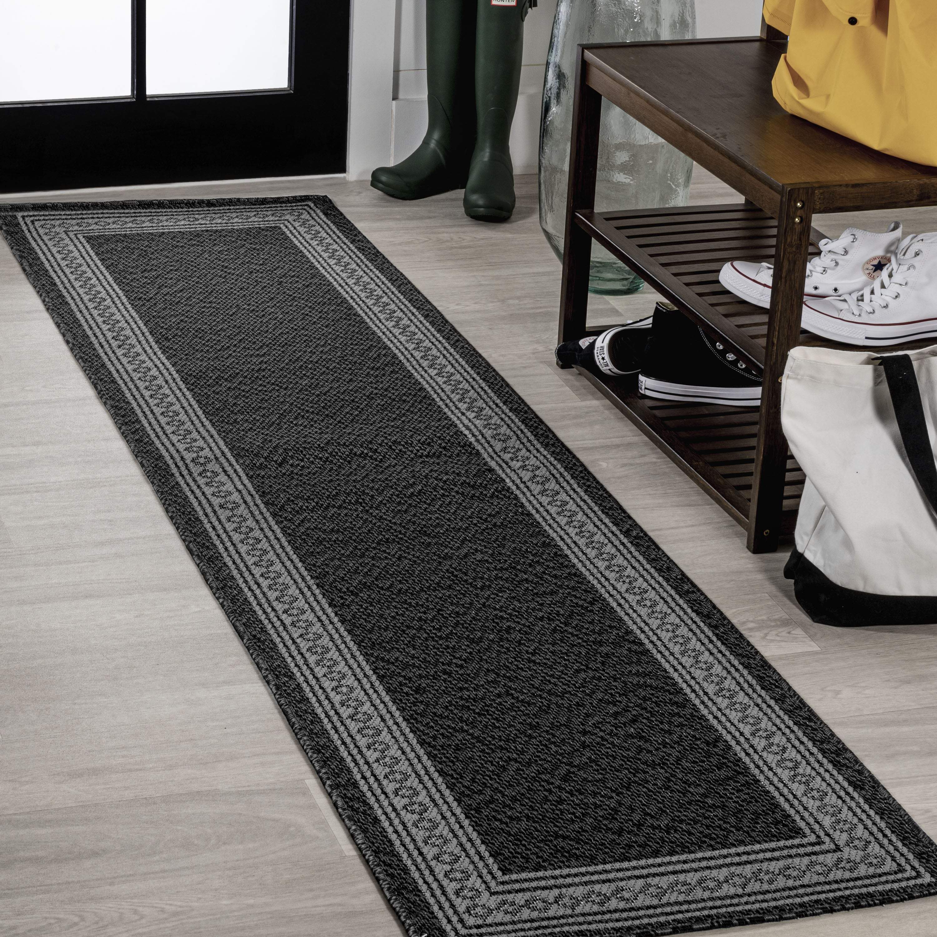8' Black And Gray Indoor Outdoor Runner Rug - GreatEagleInc