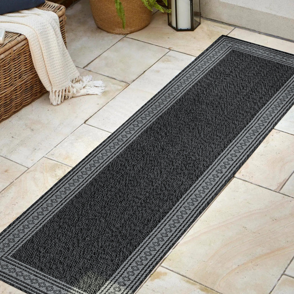 8' Black And Gray Indoor Outdoor Runner Rug - GreatEagleInc