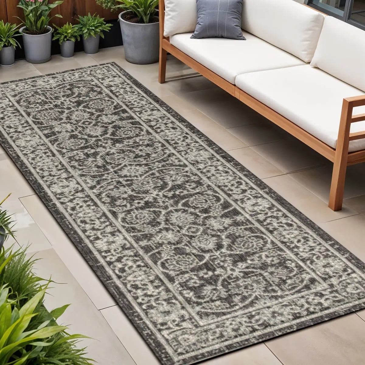 8' Black And Gray Medallion Indoor Outdoor Runner Rug Homeroots Outdoor