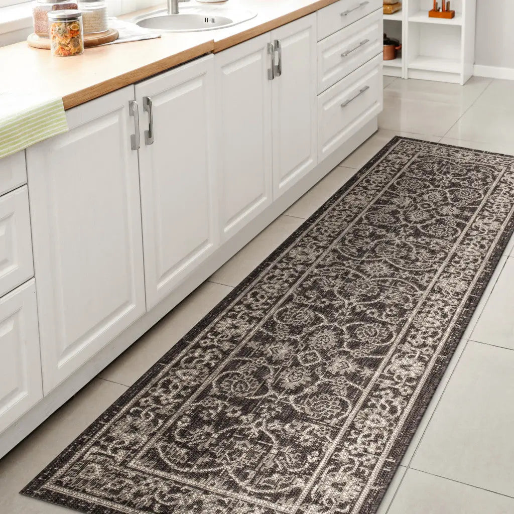8' Black And Gray Medallion Indoor Outdoor Runner Rug Homeroots Outdoor