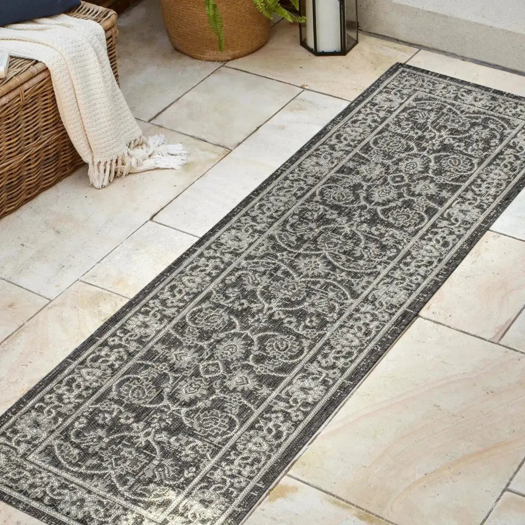 8' Black And Gray Medallion Indoor Outdoor Runner Rug Homeroots Outdoor