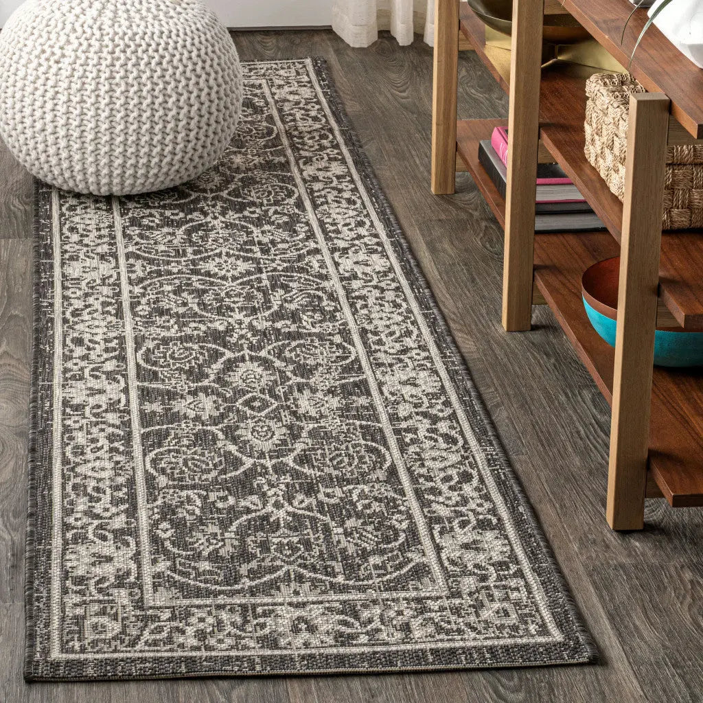 8' Black And Gray Medallion Indoor Outdoor Runner Rug Homeroots Outdoor