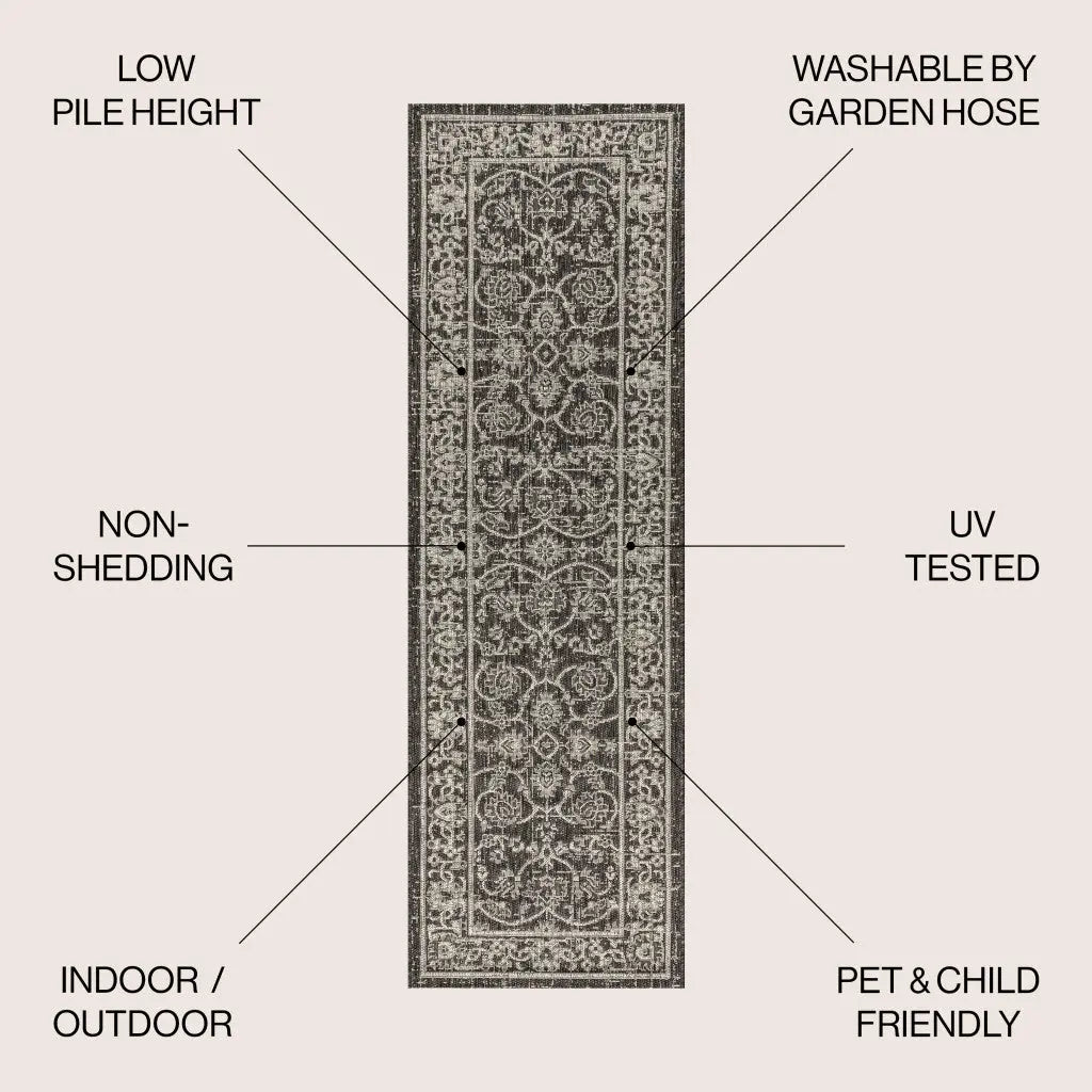 8' Black And Gray Medallion Indoor Outdoor Runner Rug Homeroots Outdoor