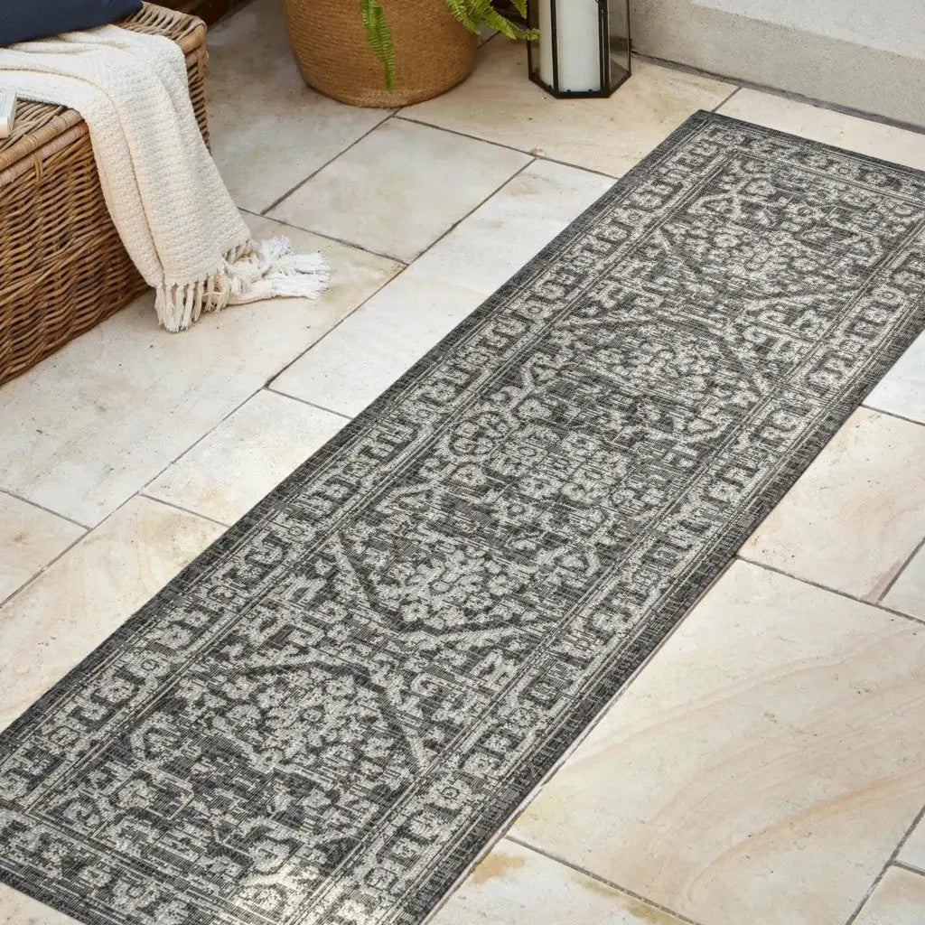 8' Black And Gray Medallion Indoor Outdoor Runner Rug Homeroots Outdoor