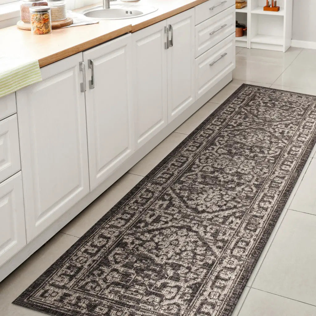 8' Black And Gray Medallion Indoor Outdoor Runner Rug Homeroots Outdoor