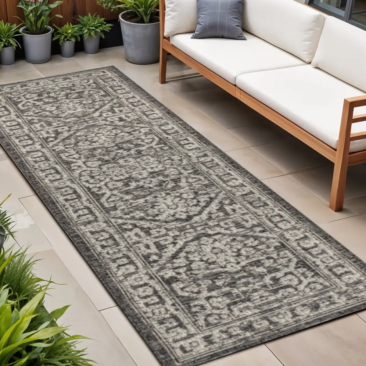 8' Black And Gray Medallion Indoor Outdoor Runner Rug Homeroots Outdoor