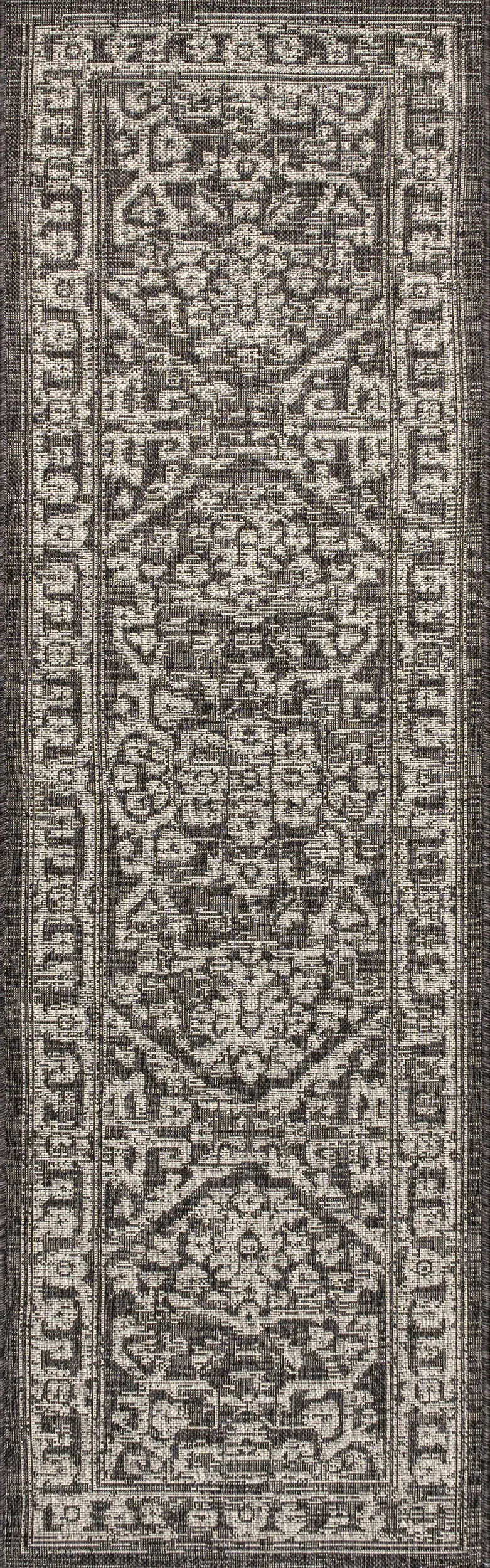 8' Black And Gray Medallion Indoor Outdoor Runner Rug Homeroots Outdoor
