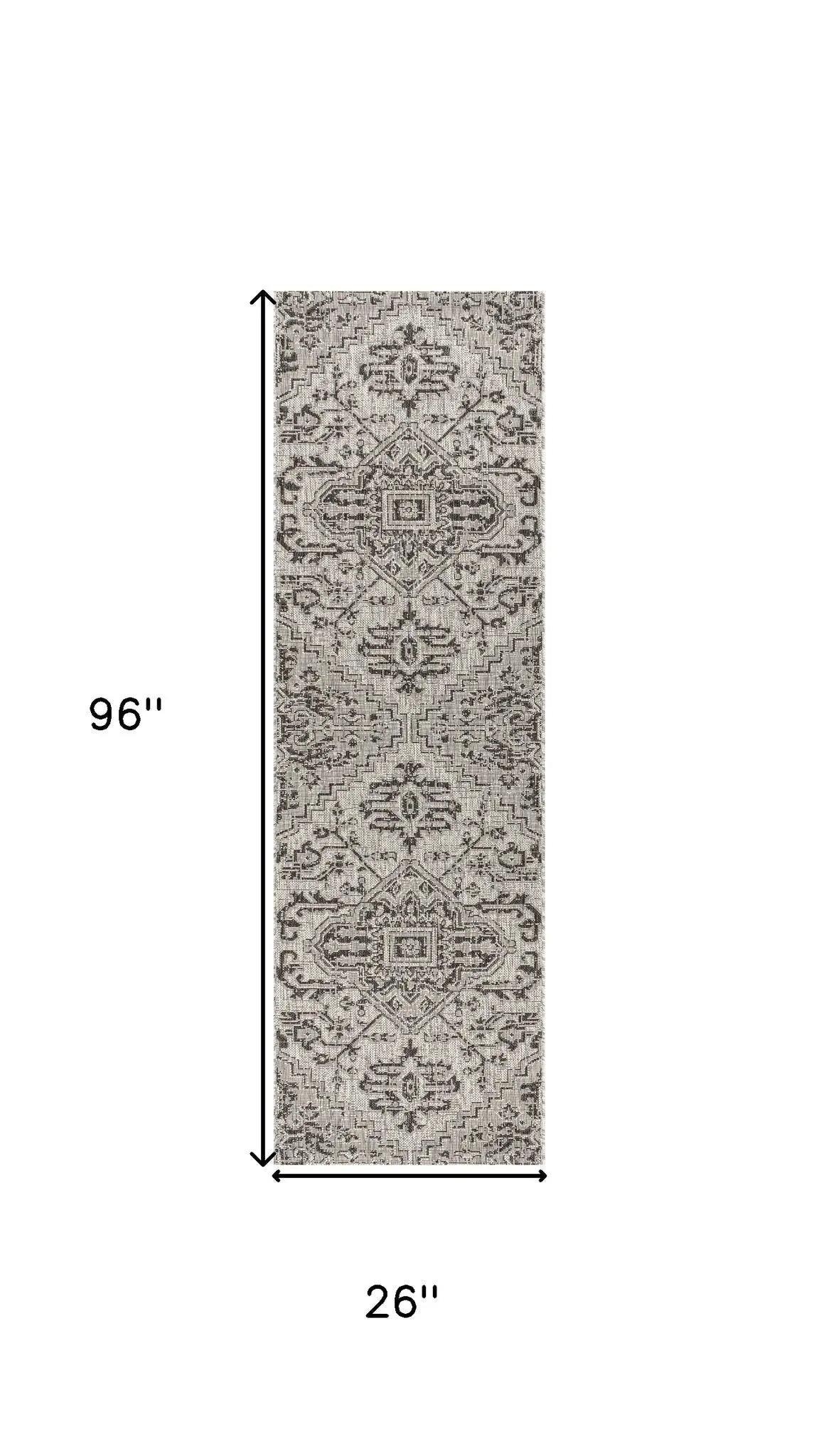 8' Black And Gray Medallion Indoor Outdoor Runner Rug Homeroots Outdoor