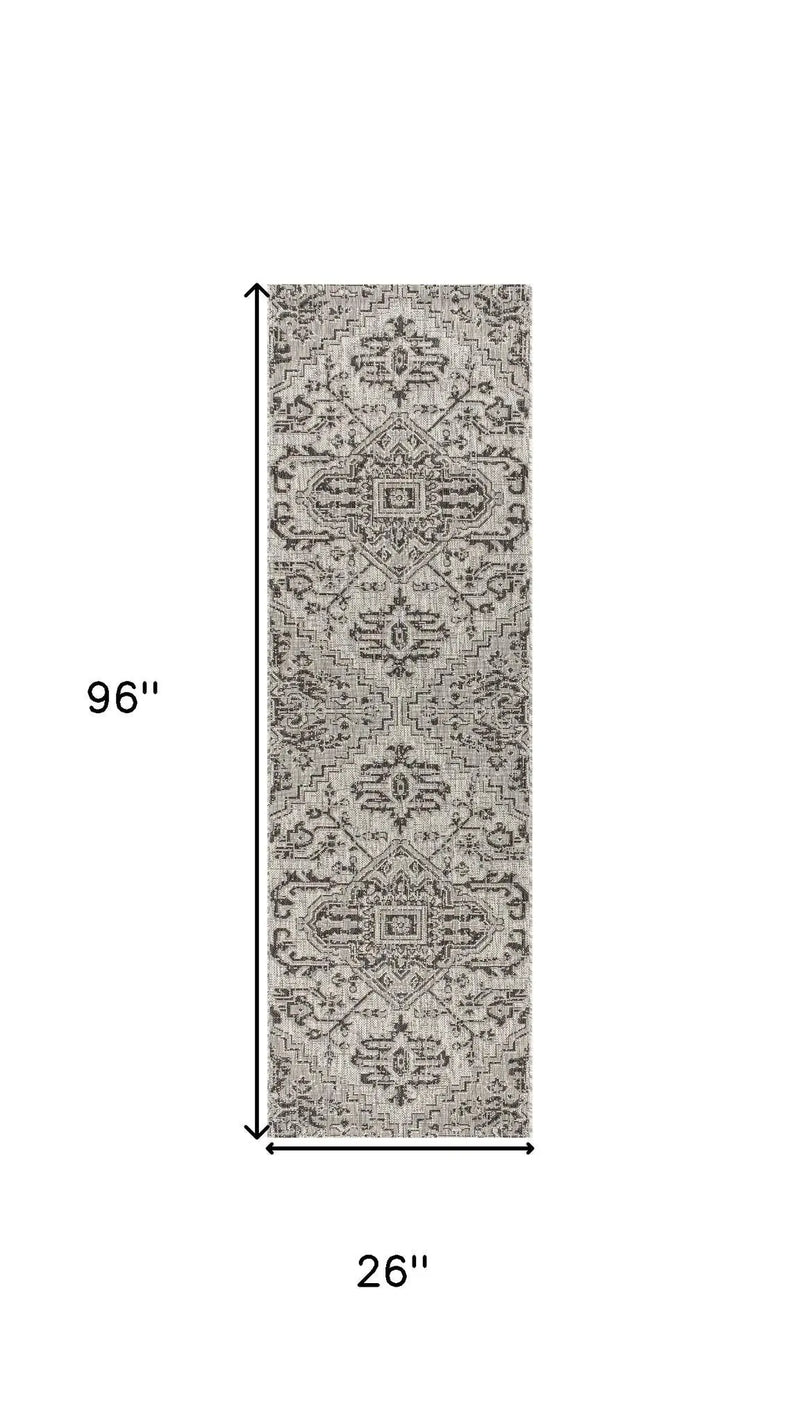 8' Black And Gray Medallion Indoor Outdoor Runner Rug Homeroots Outdoor