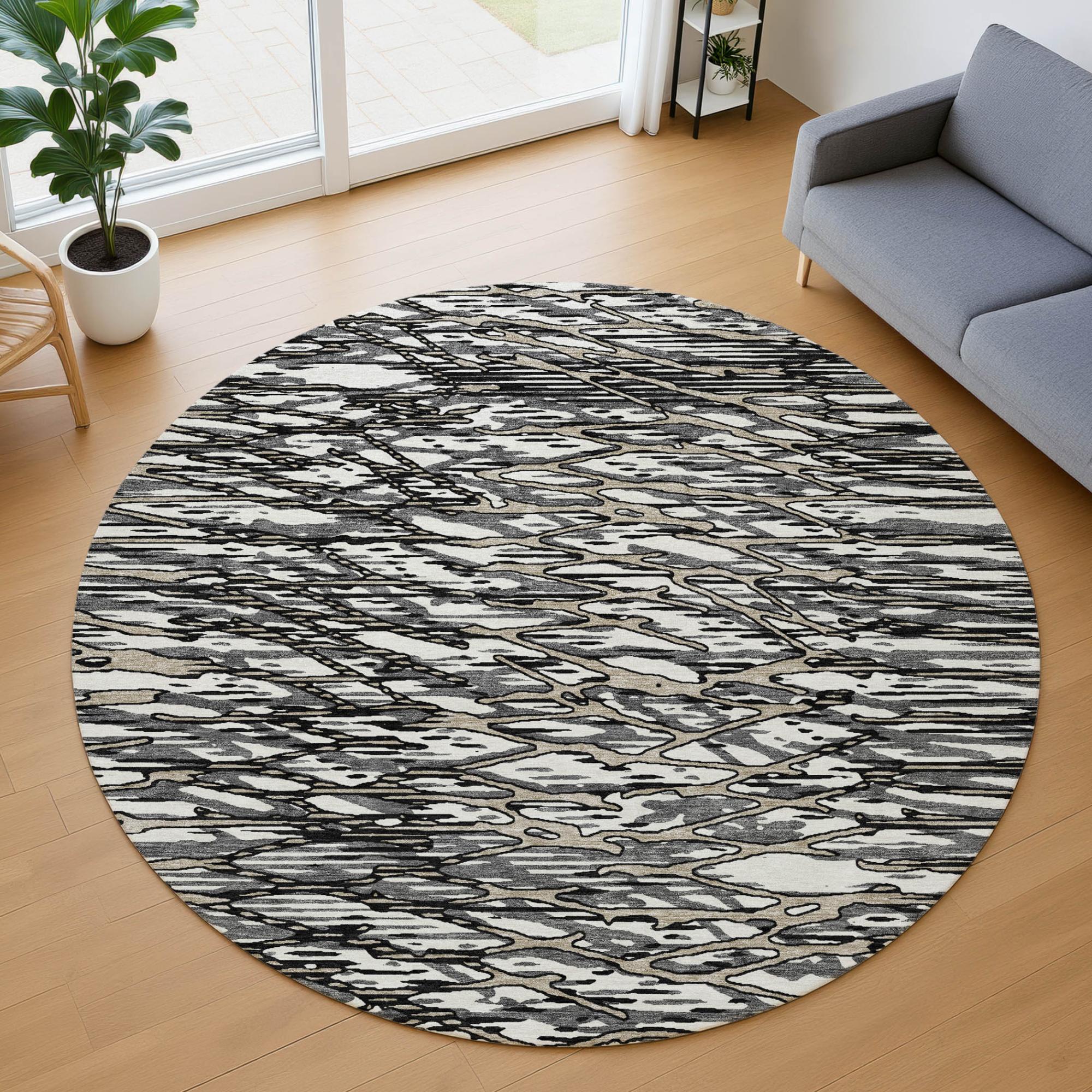 8' Black And Gray Round Abstract Washable Indoor Outdoor Area Rug Homeroots Outdoor