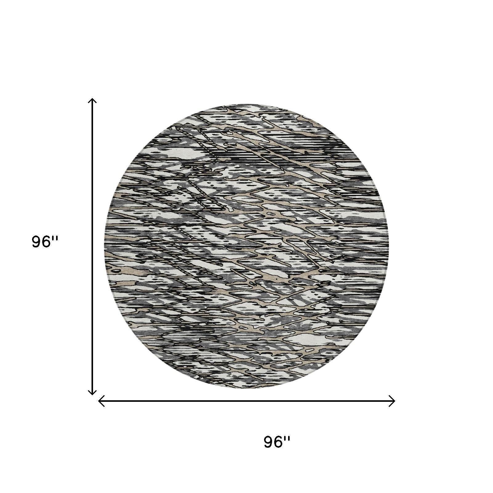 8' Black And Gray Round Abstract Washable Indoor Outdoor Area Rug Homeroots Outdoor