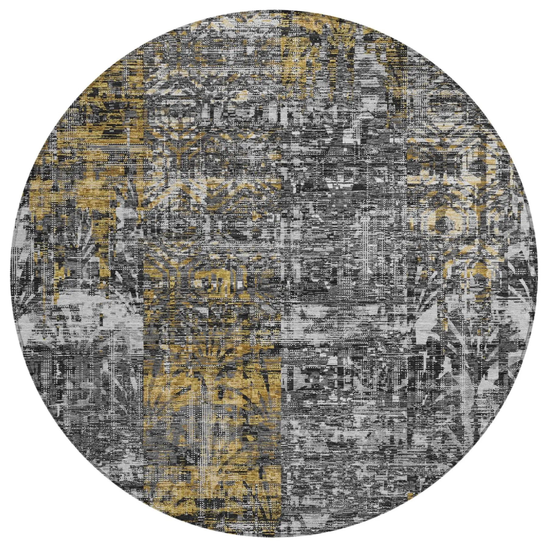 8' Black And Gray Round Abstract Washable Indoor Outdoor Area Rug Homeroots Outdoor