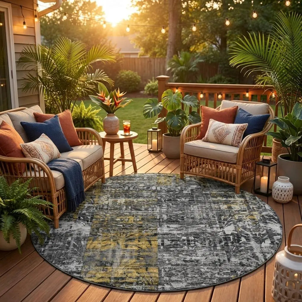 8' Black And Gray Round Abstract Washable Indoor Outdoor Area Rug Homeroots Outdoor