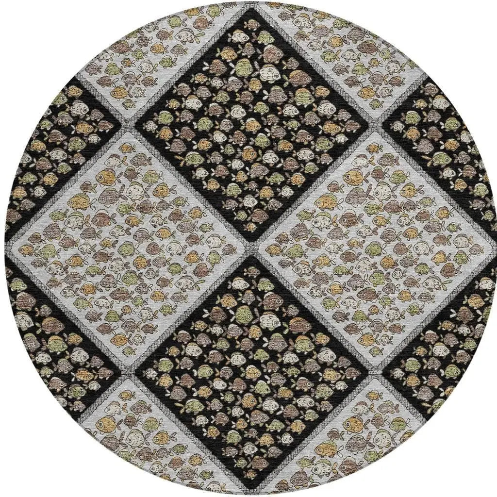 8' Black And Gray Round Abstract Washable Indoor Outdoor Area Rug Homeroots Outdoor