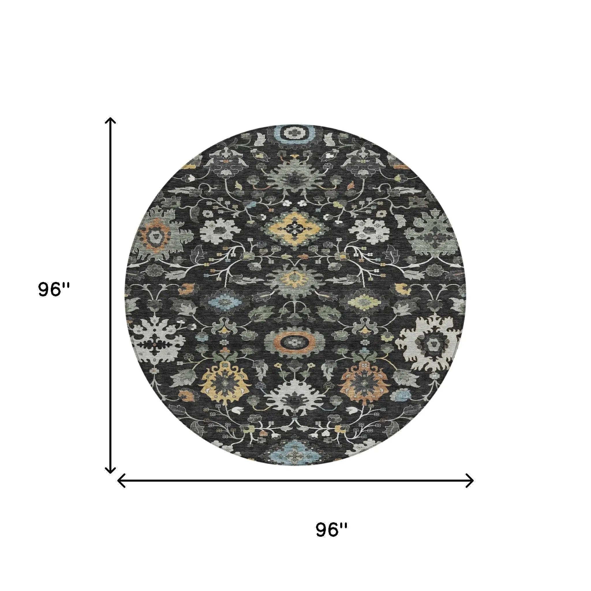 8' Black And Gray Round Floral Medallion Washable Indoor Outdoor Area Rug Homeroots Outdoor