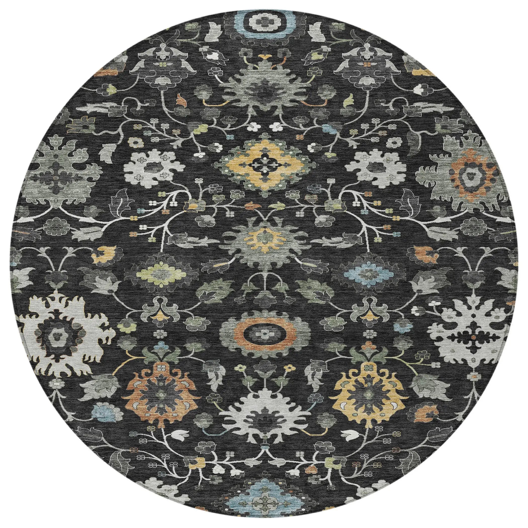 8' Black And Gray Round Floral Medallion Washable Indoor Outdoor Area Rug Homeroots Outdoor